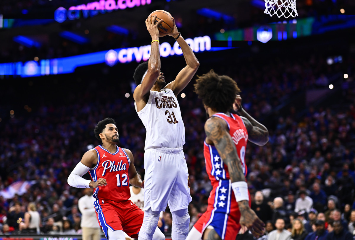 Feb 23, 2024; Philadelphia, Pennsylvania, USA; Cleveland Cavaliers center Jarrett Allen (31) shoots against the Philadelphia 76ers in the second quarter at Wells Fargo Center.